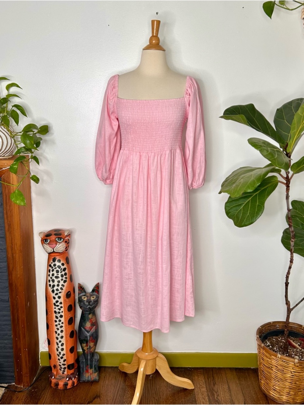 Petal & Pup Light Pink Smocked linen blend Midi Dress - Picture 2 of 9